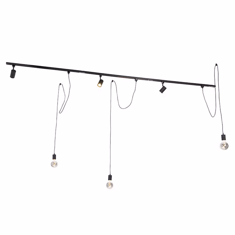 Qazqa Modern railsysteem met 3 spots en 3 hanglampen zwart 1-fase dimbaar