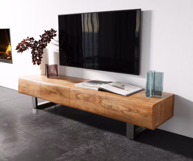 DELIFE TV-meubel New Live-Edge in acacia hout en roestvrij staal, Bruin/Zilver, B: 175 cm, D: 40 cm, H: 37 cm