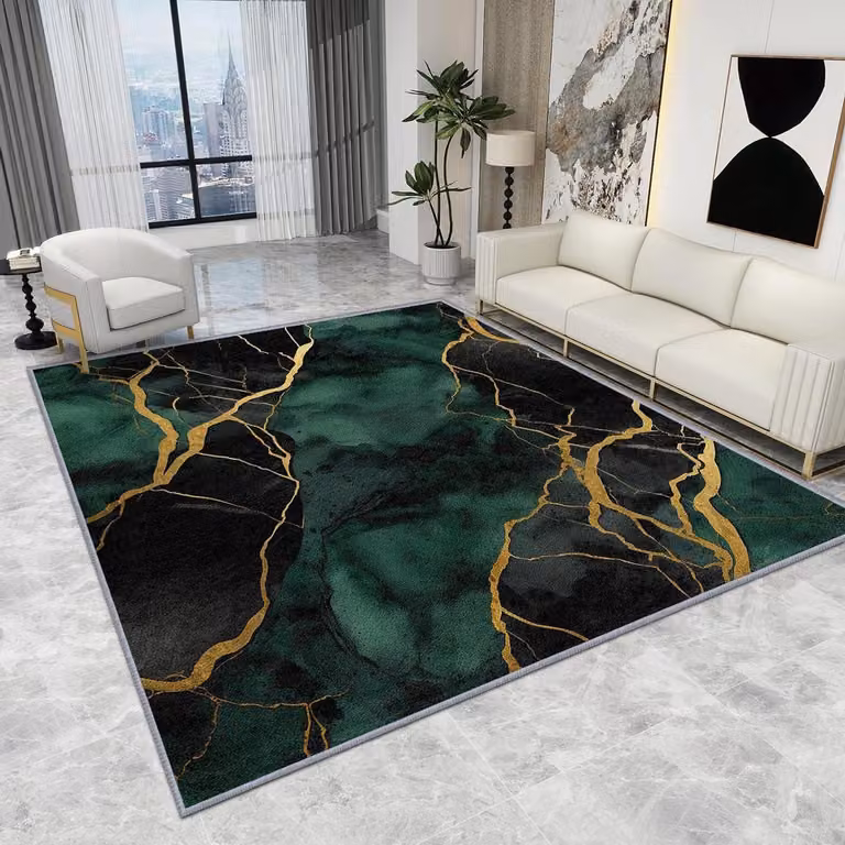 Luxe Abstract Vloerkleed Smaragdgroen Goud Zwart met Antislip Onderkant - 200 x 290 cm