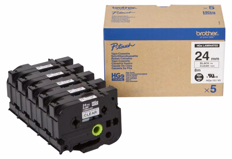 Brother HGE-151V5 Gelamineerde Labelband Zwart op Transparant - 5 stuks - Breedte: 2,4 cm, Lengte: 8 m - Geschikt voor P-Touch PT-9500pc, PT-9700PC, PT-9800PCN