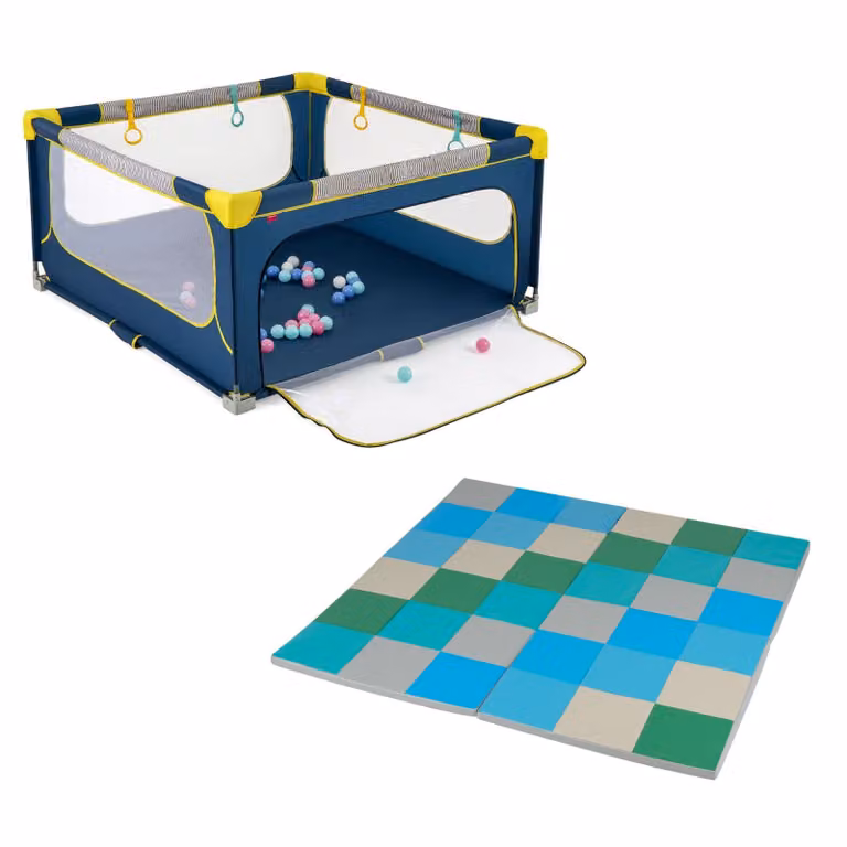 Costway Opvouwbare Babybox en Patchwork-Speelkleed Set - 2-delige Set Blauw+Groen