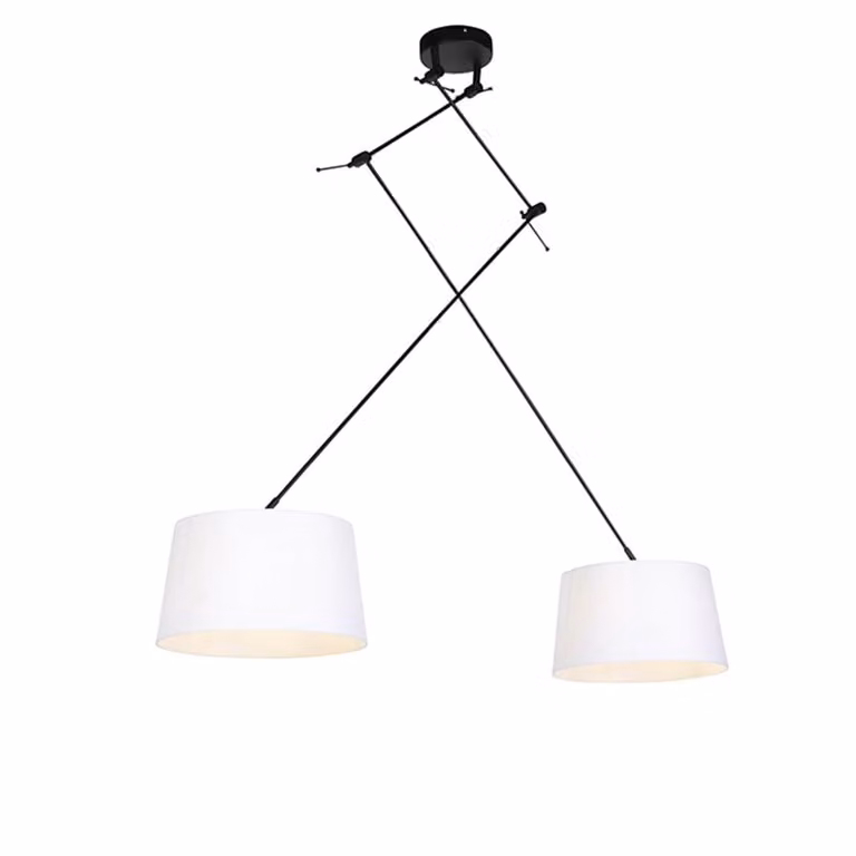Qazqa Hanglamp zwart en wit met linnen kappen, 2-lichts, modern design