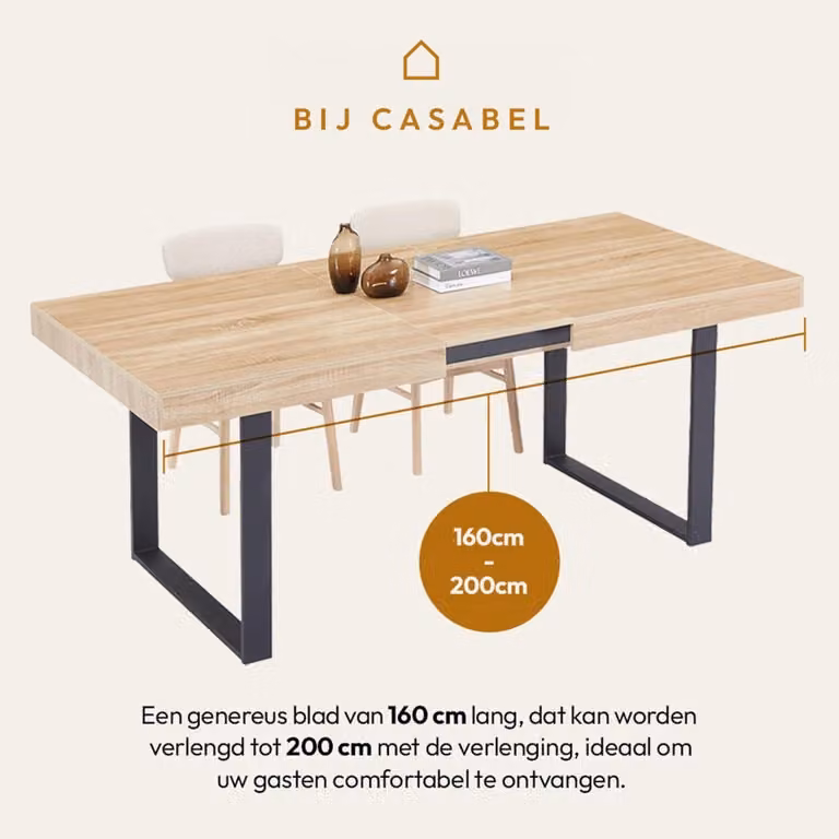 LOFT Industriële Uitschuifbare Eettafel - Licht Eiken & Zwart Metaal - 160-200 cm