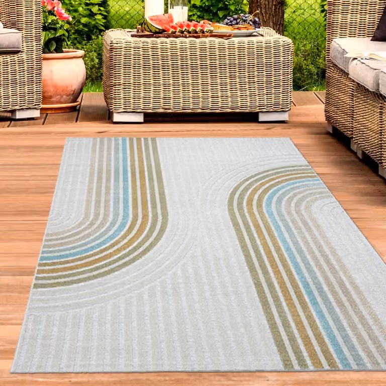 Carpetia Vloerkleed voor binnen en buiten met kleurrijk lijnenpatroon, crème, B: 140 cm, L: 200 cm