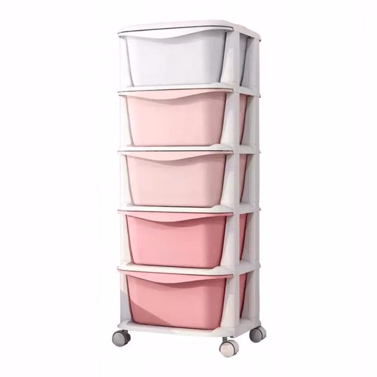 eCarla Opbergkast voor kinderkamer met 5 schuiven en wielen - Roze/Wit
