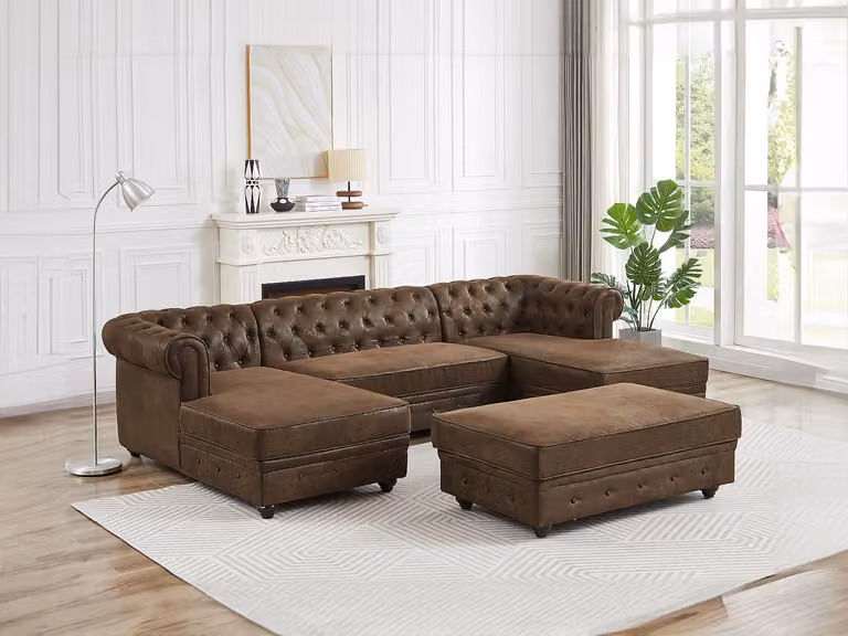 Chesterfield brede hoekbank met bijpassende poef van microvezel met verouderd leereffect