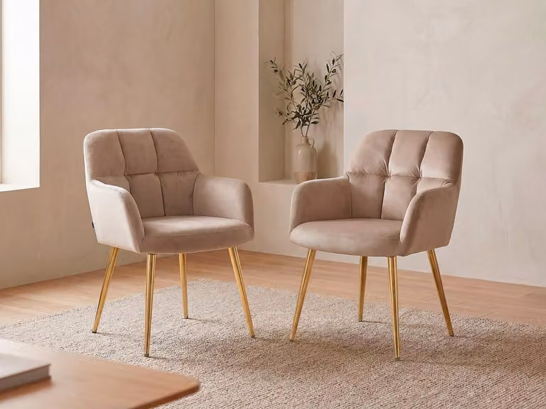 Set van 6 beige fluwelen eetkamerstoelen met armleuningen en goudkleurig metaal - PEGA