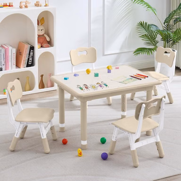 In hoogte verstelbare kinderbureau en stoelenset met 4 stoelen voor de kinderkamer
