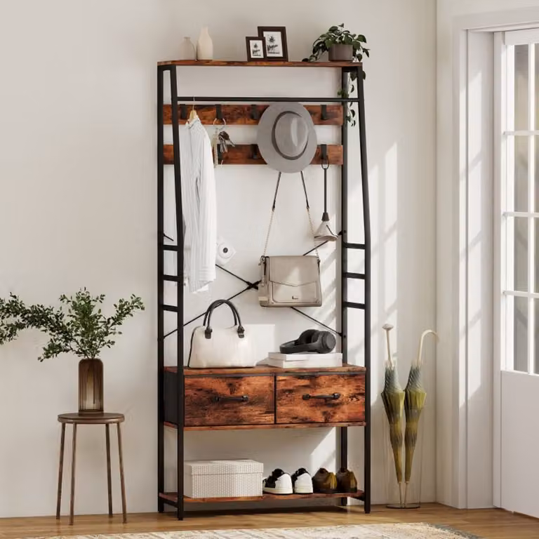 REDOM Halgarderobe met schoenenrek en zitbank - Industrieel - Rustiek bruin - H x B x D: 180 x 80 x 30 cm