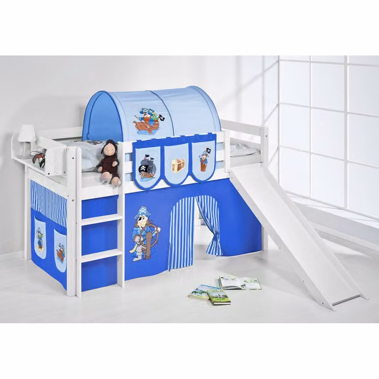 home24 Hoogslaper Piraat voor kinderen, wit/blauw, met glijbaan, 90 x 200 cm