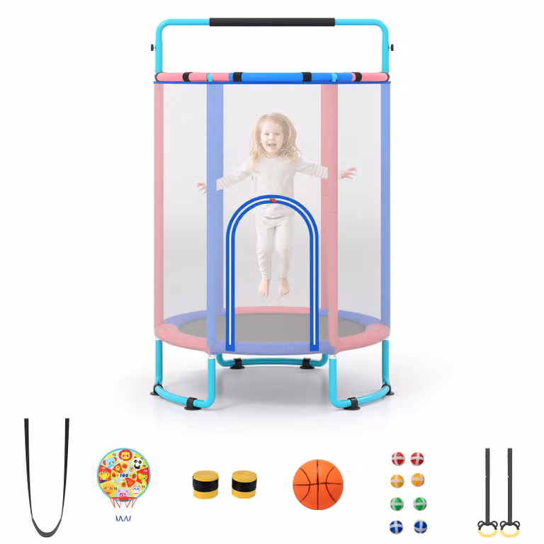 Costway 6-in-1 Kindertrampoline met Veiligheidsnet en Thermisch Verzinkt Metalen Frame, Blauw, B/D/H: 140 x 140 x 214 cm