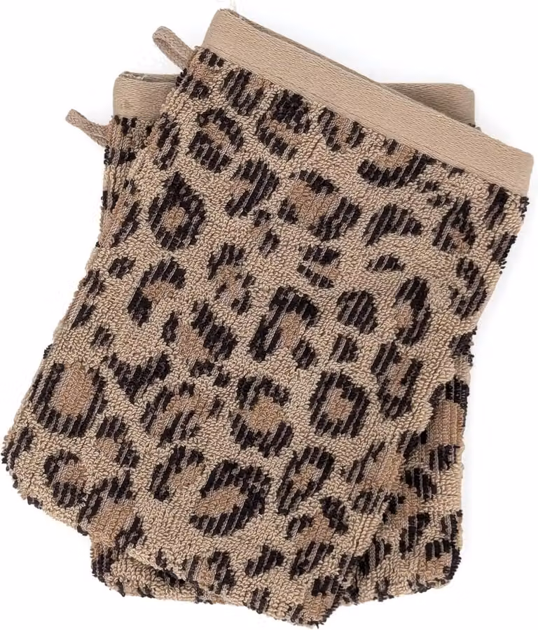 Set van 2 beige washandjes met luipaardprint van 100% katoen, 16 x 21 cm