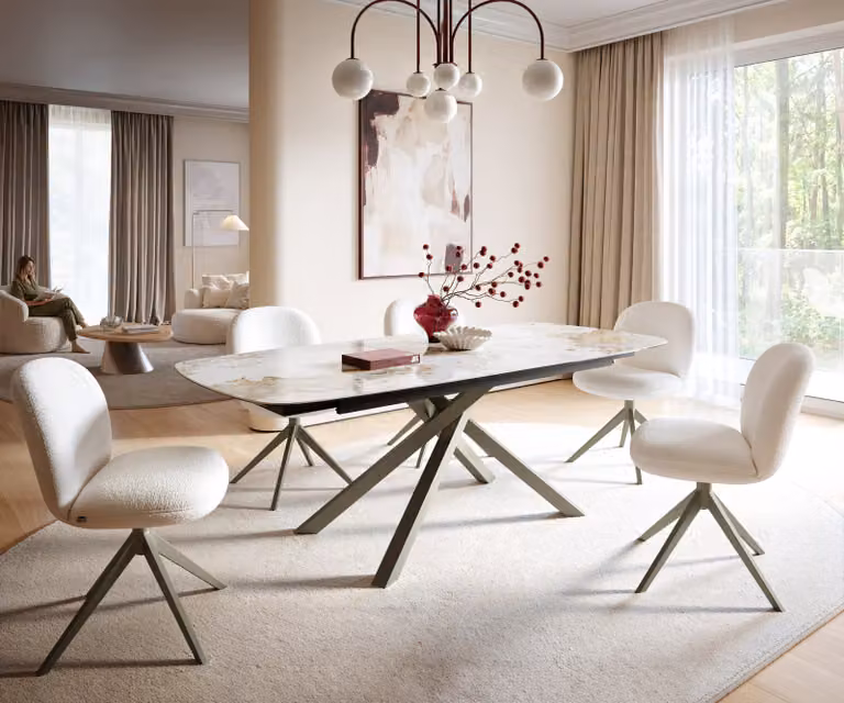 DELIFE Eettafel Edge Boot Keramiek Minas Melange Wit-Beige met Kruisonderstel en Uitschuifbaar Mechanisme B: 220 cm, D: 100 cm, H: 75 cm