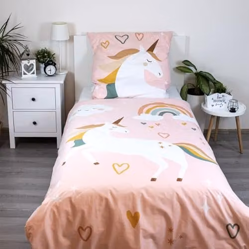 Theonoi 2-delige kinderbeddengoed set met eenhoorn, wolken en sterren, roze, katoen, Dekbedovertrek: 135 x 200 cm, Kussensloop: 80 x 80 cm