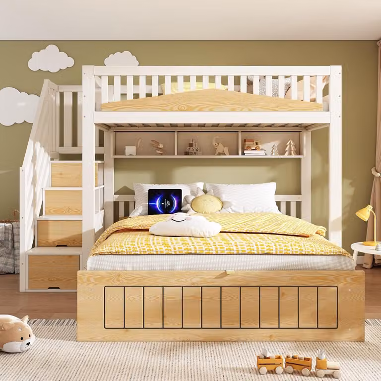Stapelbed voor 2 kinderen met trap, planken en hydraulische opbergruimte, hoogslaper met USB-C-aansluiting en veiligheidsleuningen, wit en naturel, B/D/H: 90 x 200 cm en 140 x 200 cm