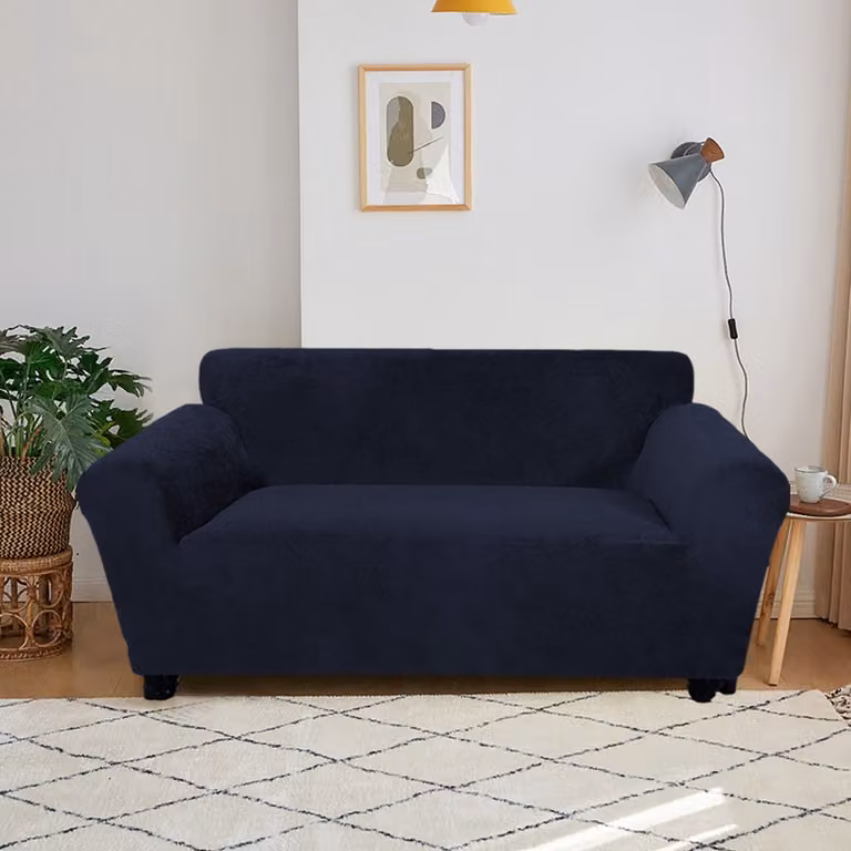 Marineblauwe stretch bankhoes voor 2-zitsbanken (140-185 cm)