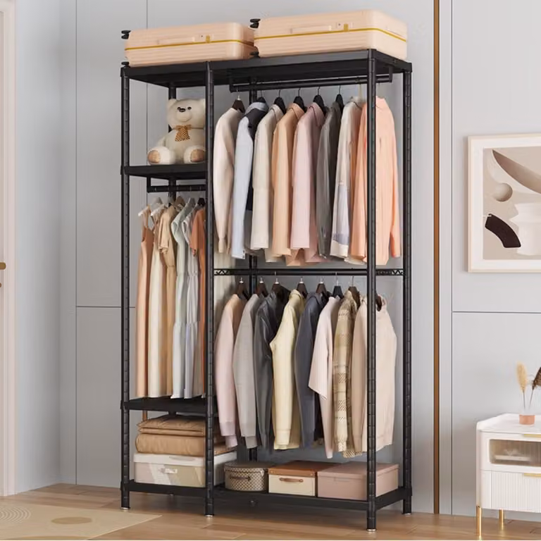 SnelShoppen Heavy Duty Metalen Kledingrek met 6 Planken en 3 Stangen, Vrijstaande Open Kledingkast, B/D/H: 114 x 40 x 195 cm