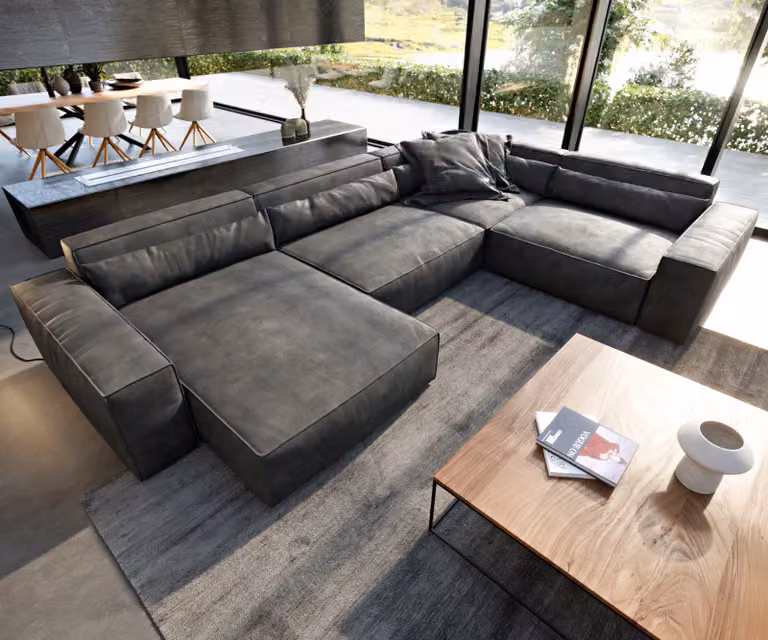 DELIFE Woonkamerlandschap Sirpio XL L-vormige bank in antraciet kunstleer met variabele rugleuning en kussens B: 360 cm, D: 260 cm, H: 71 cm