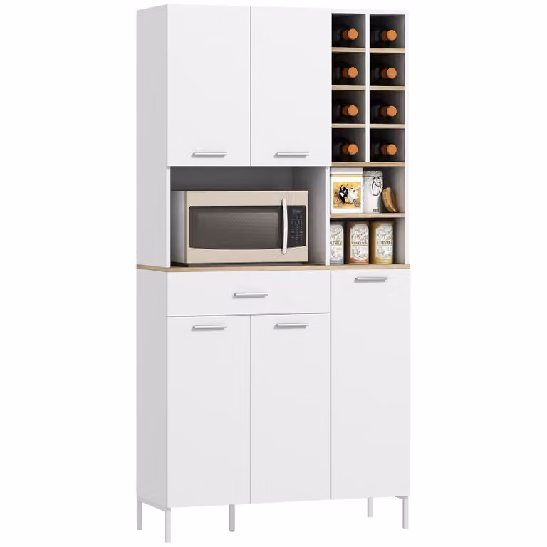 HOMCOM Keukenkast met open schappen, wijnrek en verstelbare planken, Wit, B: 90 cm, D: 35 cm, H: 183 cm