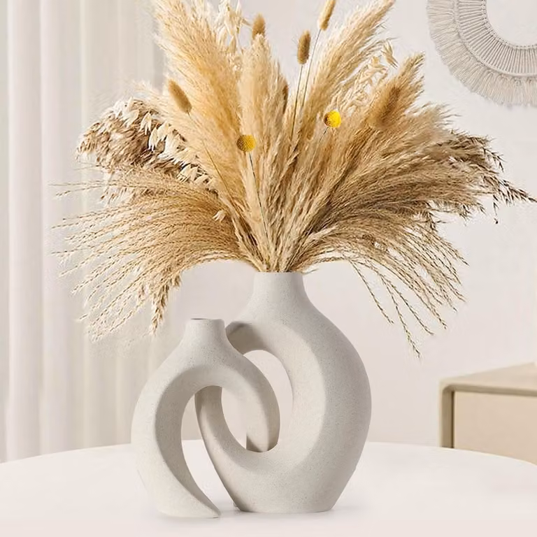 Set van 2 Keramische Vazen - Donut-vormig - Beige - Moderne Boho-stijl voor Scandinavische Decoratie