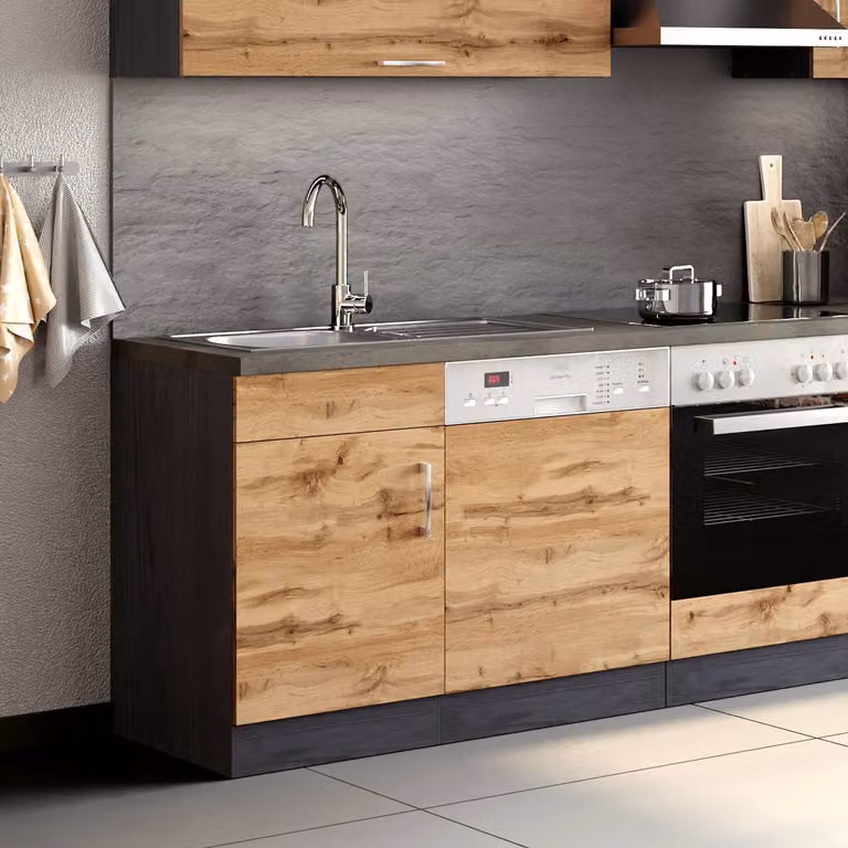 home24 Gootsteenkast Sorrento II, Bruin/Grijs, Wotan eikenhouten look/Grafiet, B/D/H: 110 x 60 x 85 cm