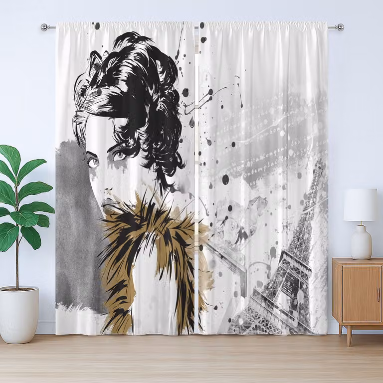 ABAKUHAUS Modern rustiek gordijn Parijs model voor meisjes, grijs en wit, 280 x 225 cm