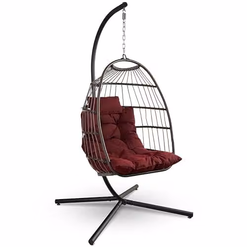 SereneLife Hangende Ei-Stoel met Standaard en Riet Basis - Schommelstoel voor Terras en Tuin - Maximaal 250 kg Draagvermogen
