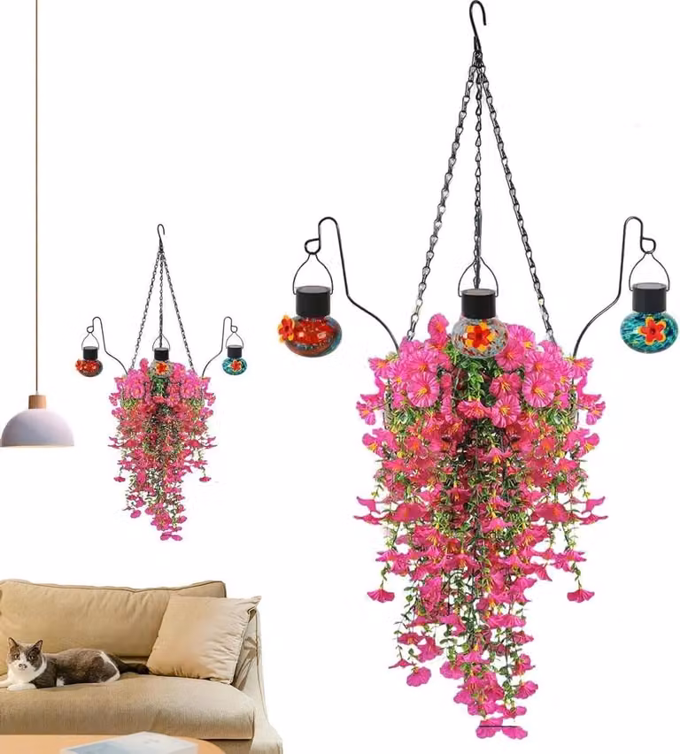 Lichtroze kunstbloemen met voederbak - Decoratieve planten voor in de tuin - Hoogte: 27,5 cm