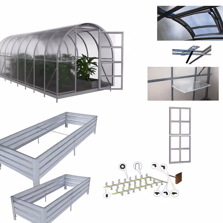 BAUMERA Kasbezet KLASIKA Kas met 6 mm polycarbonaat, extra deur, planken, irrigatiesysteem, 2 verhoogde plantbakken en dakraam met automatische opener, 3 x 6 meter
