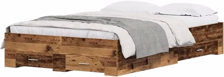 Rustiek modern opbergbed met lades van massief hout in oud hout, B/D/H: 120 x 190 cm