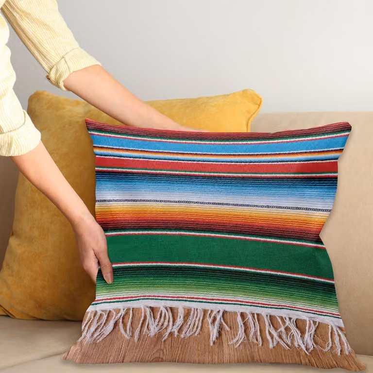 ABAKUHAUS Mexican Sierkussenhoes met Kleurrijk Boho Serape Patroon, Groen Rood, 45 x 45 cm