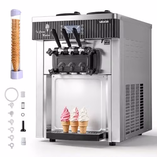 VEVOR Commerciële softijsmachine met 2200 W, 2 x 6 liter reservoirs, zilverkleurig