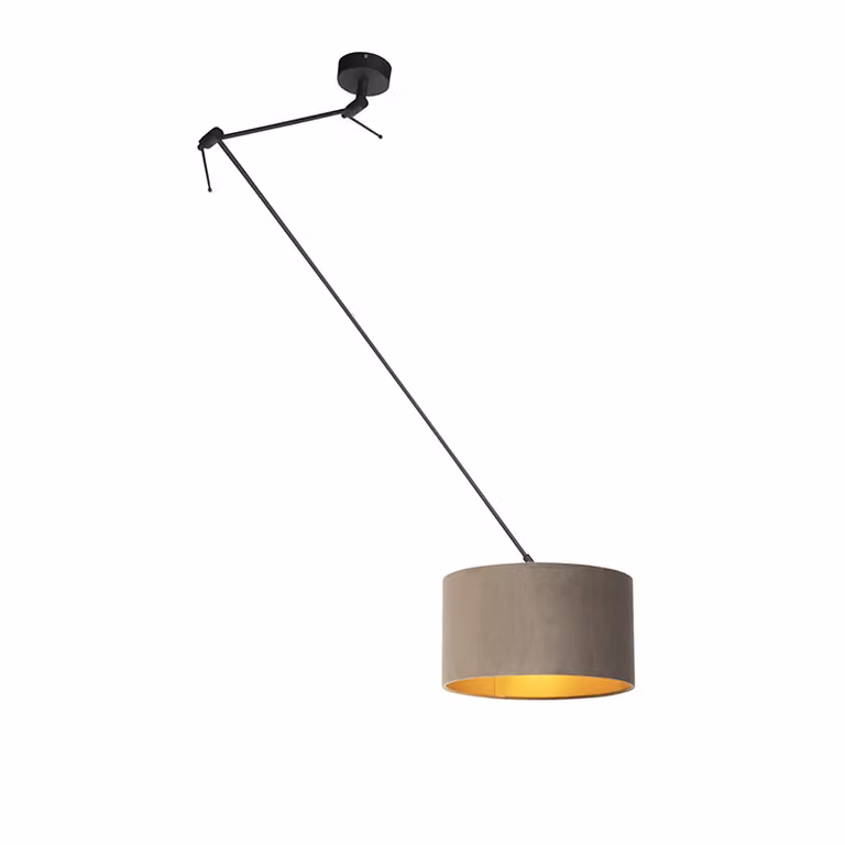 Qazqa Hanglamp zwart en goud met beige stoffen kap, dimbaar