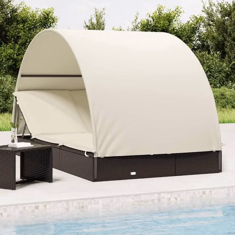 Zonneligstoel voor 2 personen met rond dak, zwart rotan zonnebed, B/D/H: 211 x 112 x 140 cm