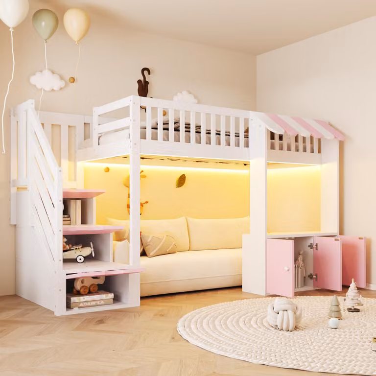 STILVORA Houten Hoogslaper met Opbergruimte in de Trap en LED-verlichting, Roze, 90 x 200 cm