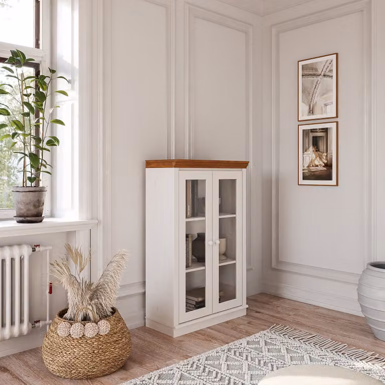 home24 Houten kast met glasdeur wit/grenenhout B/D/H: 119 x 37 x 74 cm