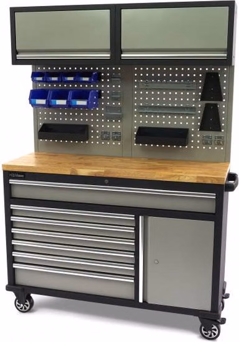 HBM Werkbank met houten blad, kastenwand en pegboard, Antraciet/Grijs, B: 136 cm, H: 197 cm, D: 50 cm