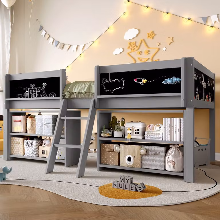 Intebiki Kinderbed Hoogslaper met opbergruimte en valbeveiliging, Grijs, B/D: 90 x 200 cm