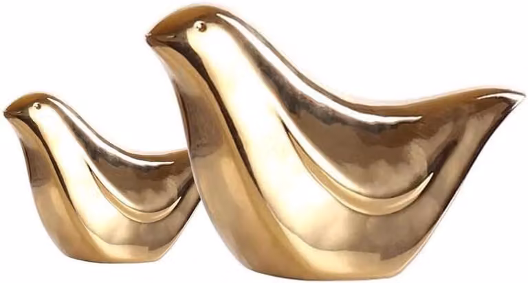Set van twee gouden vogel beeldjes voor op tafel, Hoogte: 8,9 cm en 7,0 cm