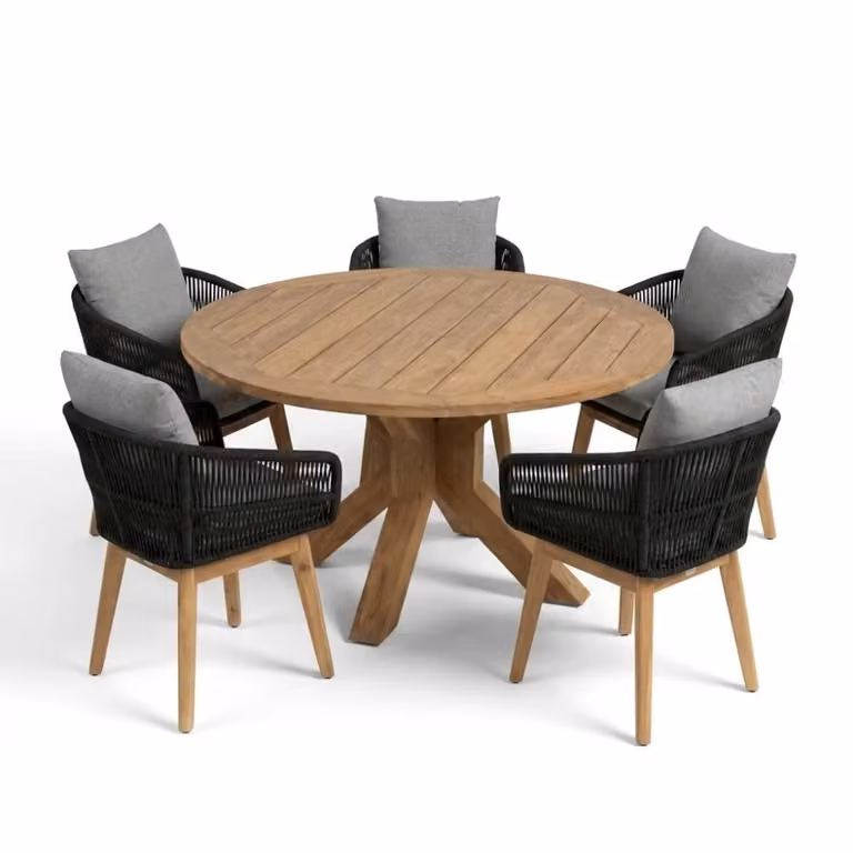 Genua/Bella zwart dining tuinset voor 5 personen van teakhout en touw, ronde tafel diameter 140 cm
