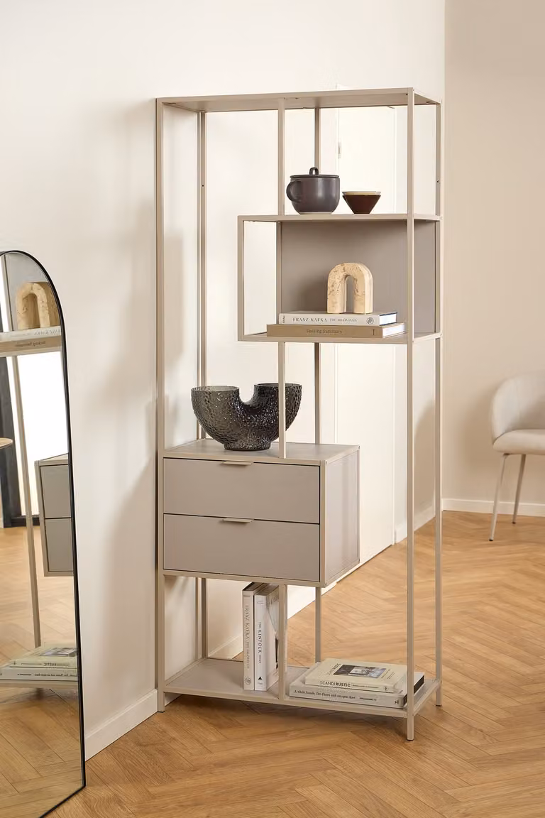 home24 Open kast met lades beige/grijs/zandgrijs B/D/H: 77 x 35 x 185 cm