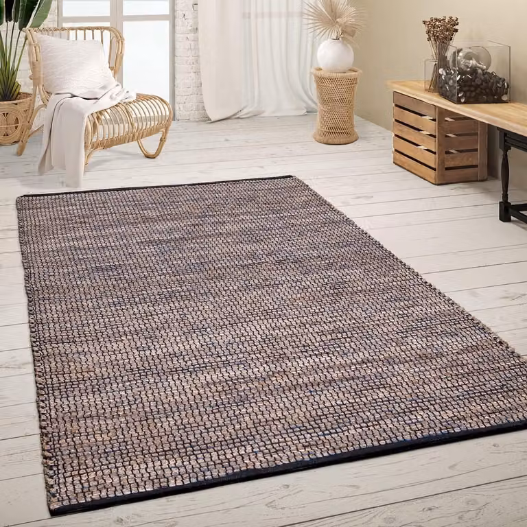 Handgeweven laagpolig vloerkleed met ethno patroon in blauw en natuurlijke jute, 240 x 340 cm