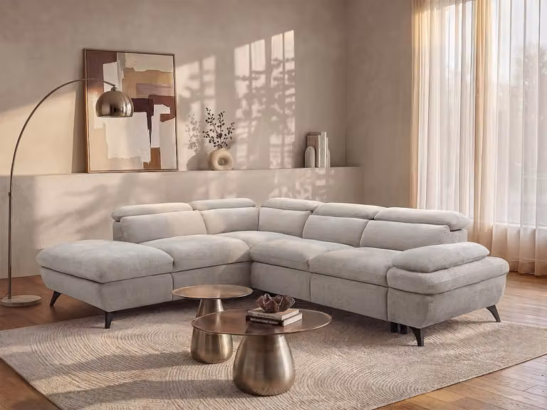 SURDELI Hoekslaapbank met linkerhoek in beige getextureerde stof met slaapfunctie en verstelbare hoofdsteun, B/D/H: 280 x 171 x 79 cm