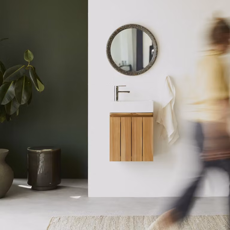 Tikamoon Wastafelmeubel Jill - Teak en Keramiek - Wit/Bruin - Wandmontage