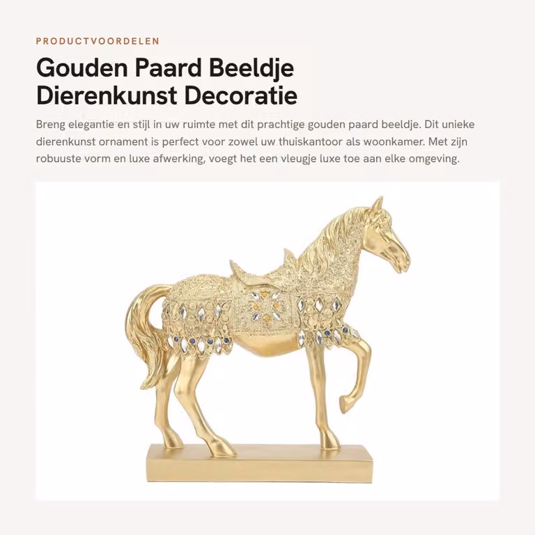 Dailygoods Paard Figuur Gouden Decoratie - Hars Beeldje - B/D/H: 26,3 x 26 x 6,6 cm