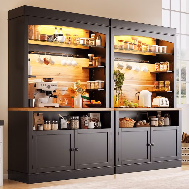 Wishdor Keukenkast - Hoge buffetkast met LED-verlichting, open rek en 2-deurs opbergruimte - Modern - Zwart - H x B x D: 184 x 107 x 43 cm