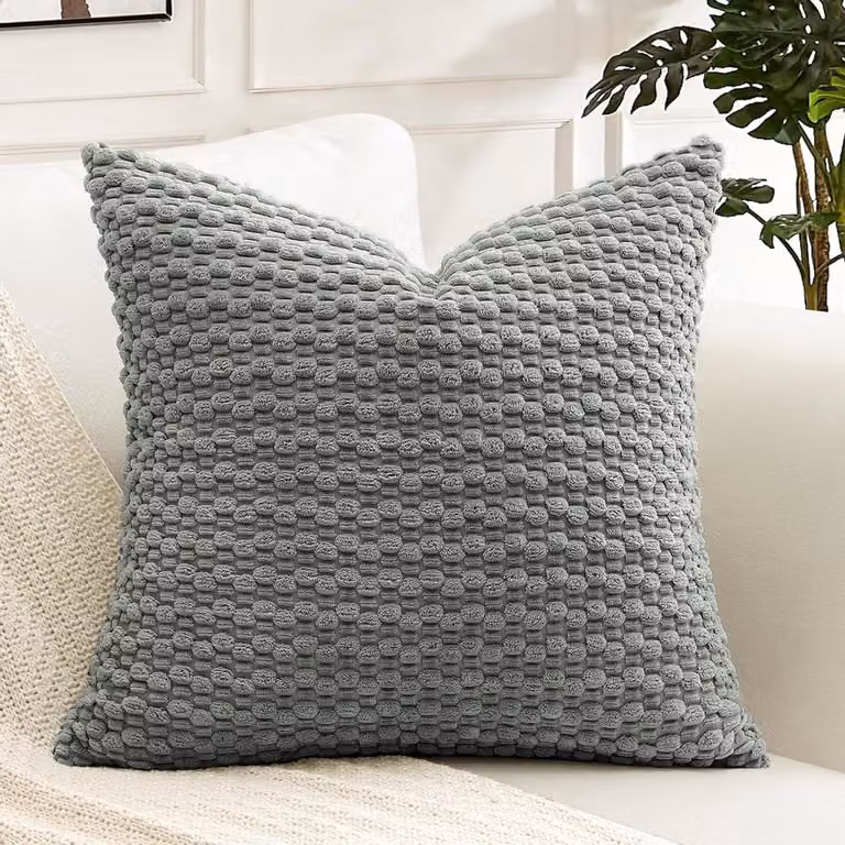 Grijs Corduroy Kussenhoes met Pompoms - Boho Woonkamer Decoratie - 55 x 55 cm