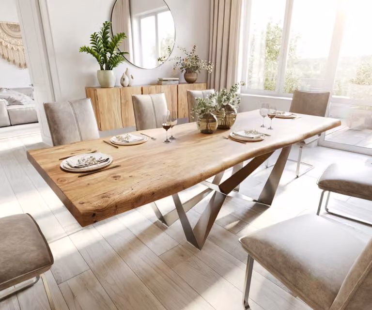 DELIFE Eettafel Edge Live-Edge Acacia en Roestvrij Staal, Bruin/Zilver, B: 260 cm, D: 100 cm, H: 75,5 cm