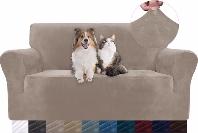Verstelbare Velours Bankhoes voor 2-Zits Sofa, Rekbare en Zachte Bescherming tegen Krassen, Khaki