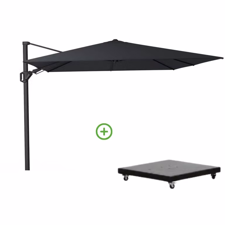 Platinum Challenger T² zweefparasol met premium doek en Monza parasolvoet 90kg - Jet Black - B/D: 300 x 300 cm